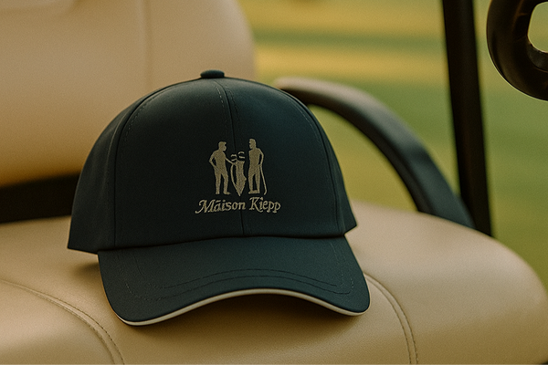 Green cap with logo on a golf cart seat with a blurred golf course background